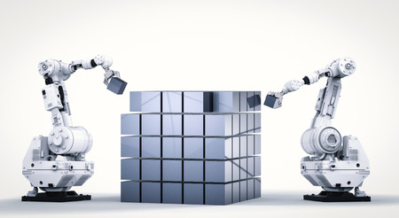 3d rendering robotic arm build cubicの写真素材
