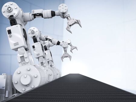 3d rendering white robotic arms with empty conveyor belt