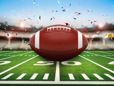3d rendering american football ball with shining light and confetti backgroundの写真素材