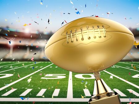 3d rendering golden american football trophy with football field backgroundの写真素材