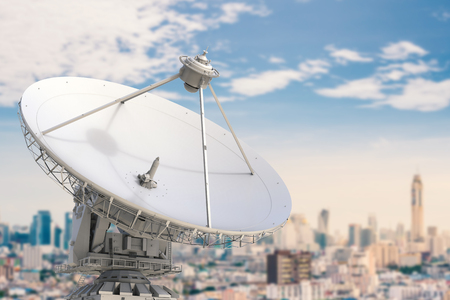3d rendering satellite dish with blue sky backgroundの写真素材