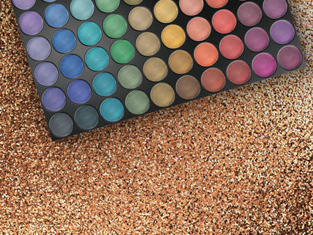 3d rendering eye shadow in black palettes on glitter background
