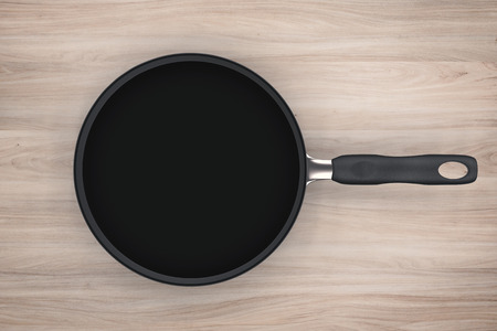 3d rendering empty saucepan on wooden backgroundの写真素材