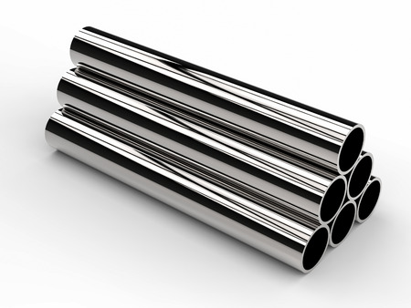 3d rendering heap of shiny metal pipes on white backgroundの写真素材
