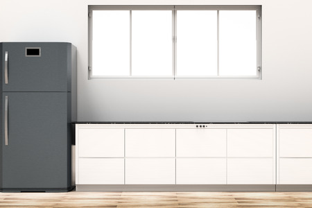 3d rendering kitchen interior with cabinets and refrigeratorの写真素材
