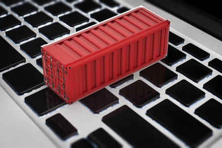 online business concept with 3d rendering container on keyboardの写真素材