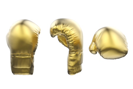 3d rendered golden boxing gloves isolated on whiteの写真素材