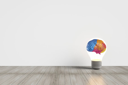 creative idea with 3d rendering colourful brain and idea lightbulbの写真素材