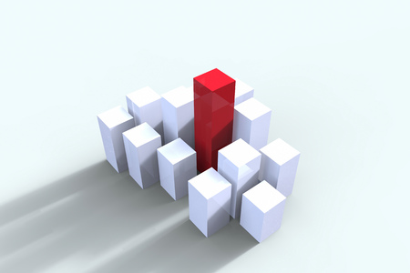 leadership concept with 3d rendered red and white buildings on white background
