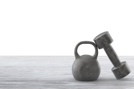 3d rendering black kettle bell and dumbbell for weight trainingの写真素材