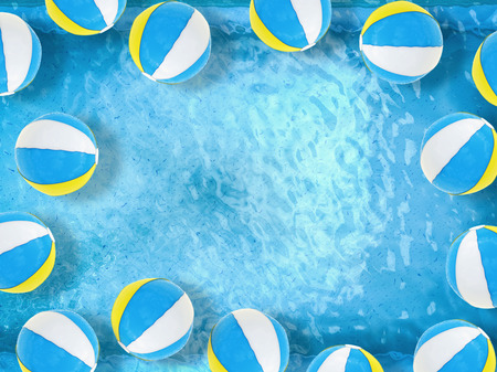 beach balls floating on pool top view with blank space