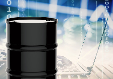 3d rendering black barrel with business graphの写真素材