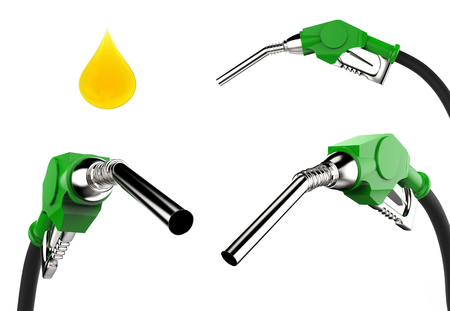 3d rendering gas pump nozzle with droplet of oil isolated on whiteの写真素材
