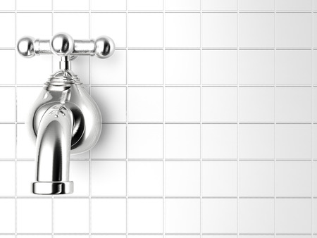 3d rendering water tap with tile wall backgroundの写真素材
