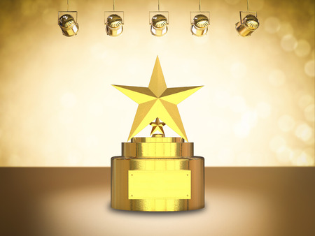 3d rendering gold star trophy on stage