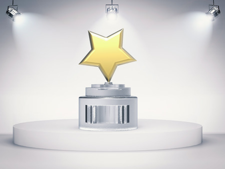 3d rendering gold star trophy on stageの写真素材