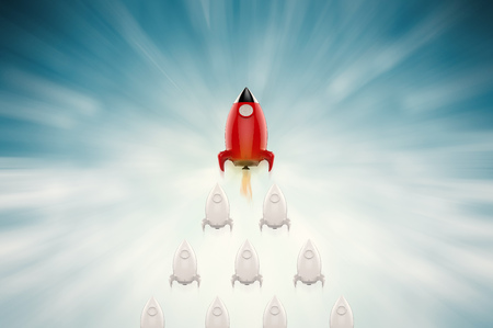 leadership concept with red rocket and squadronの写真素材