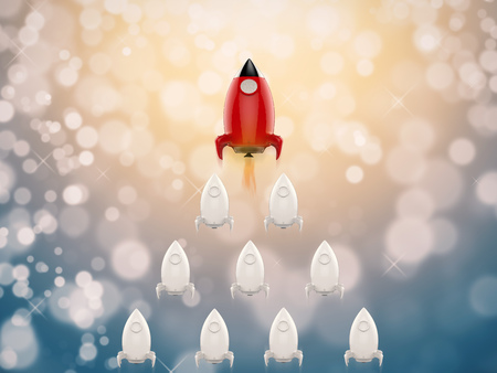 leadership concept with red rocket and squadronの写真素材