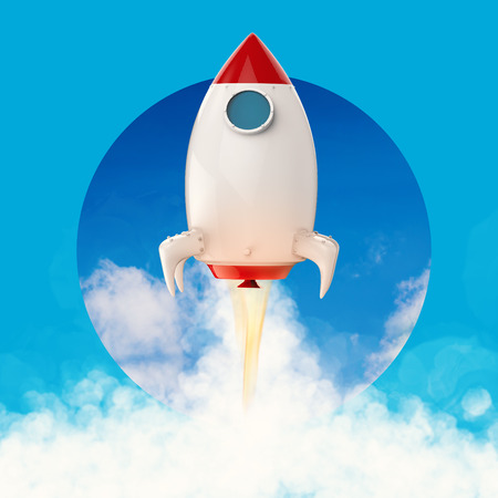 3d rendering space shuttle launch with smokeの写真素材
