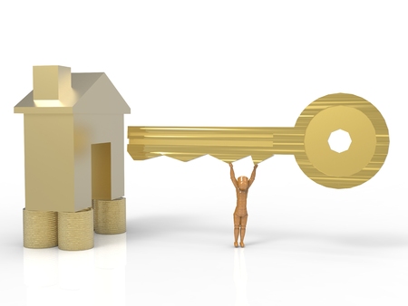 home ownership concept with golden mock up house and gold keyの写真素材