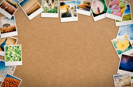 travel photo collage on wooden backgroundの写真素材