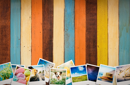 travel photo collage on wooden backgroundの写真素材