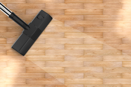 3d rendering vacuum cleaning with blank strip on wooden backgroundの写真素材