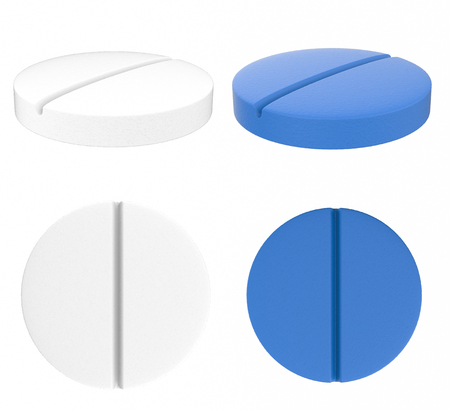 white and blue tablet pills isolated on whiteの写真素材
