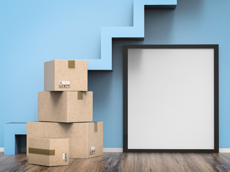 blank black frame hanging on wall with carton box