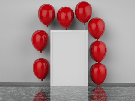 3d rendered blank square frame with red balloonsの写真素材