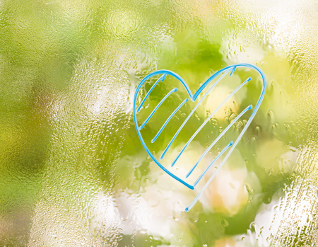 blue heart shape on blurred greenery backgroundの写真素材