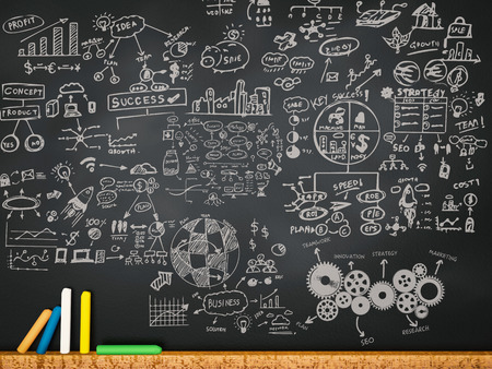 business plan drawing with chalk on blackboardの写真素材