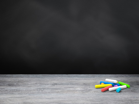 3d rendering blank blackboard with chalks on wooden floor