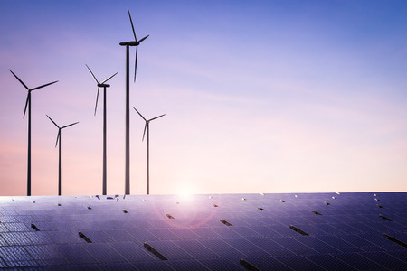 alternative energy concept with 3d rendering wind turbines and solar panels