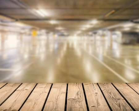 timber wooden counter with car park backgroundの写真素材