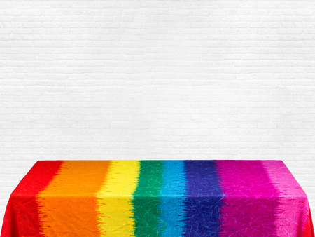 rainbow tablecloth on white backgroundの写真素材