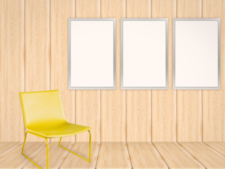 three blank frames in living room with wooden wall