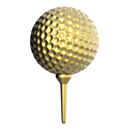 3d rendering golden golf ball on tee isolated on whiteの写真素材