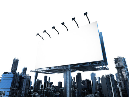 3d rendering blank billboard with buildings on white backgroundの写真素材