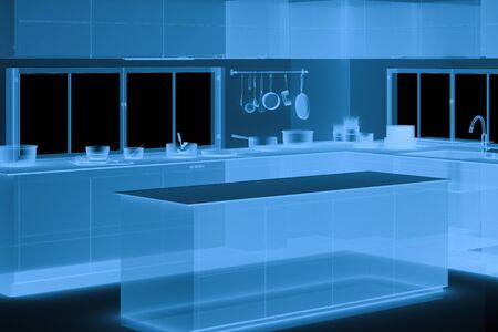 3d rendering x ray kitchen interior isolated on blackの写真素材