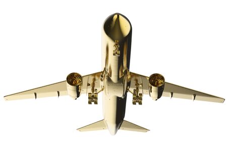 3d rendering golden airplane on white backgroundの写真素材