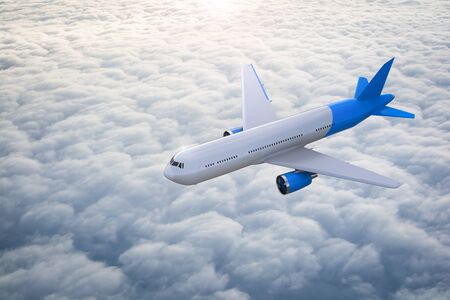 3d rendering airplane flying above cloudy sky
