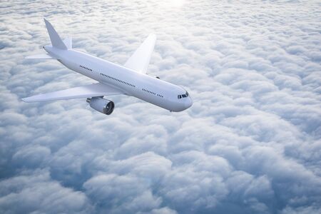 3d rendering airplane flying above cloudy sky