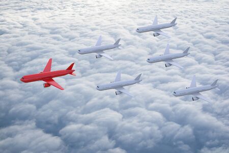 3d rendering air squadron with red plane as leader for leadership concept
