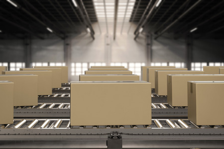 3d rendering carton boxes on conveyor belt