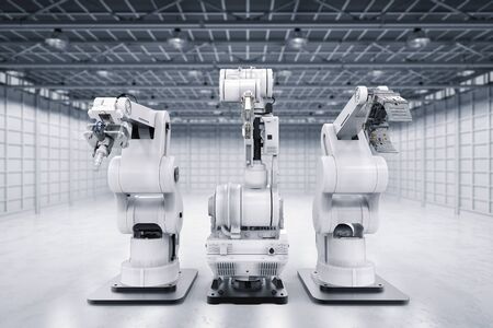 3d rendering three robotic arms in a rowの写真素材