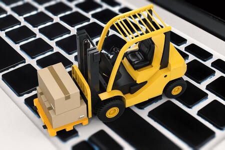 logistic information concept with 3d rendering cardboard box on forkliftの写真素材