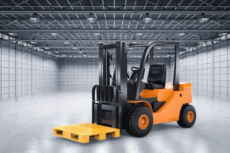 3d rendering forklift truck with yellow pallet in factory