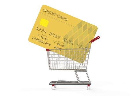 3d rendering shopping cart with credit card on white backgroundの写真素材