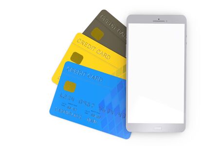 3d rendering blank screen mobile phone with credit cardの写真素材